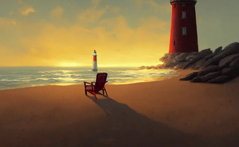 Image similar to painting of a beach chair at sunset with a lighthouse in background, natural light, concept art, by greg rutkowski, cozy atmospheric and cinematic lighting