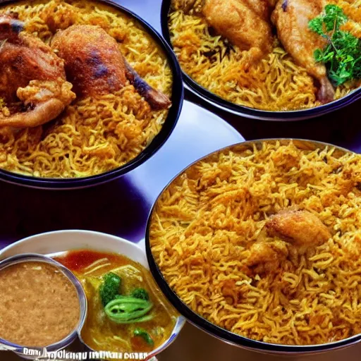 Image similar to A college student is eating chicken biryani in an Andhra mess, highly detailed, 4k