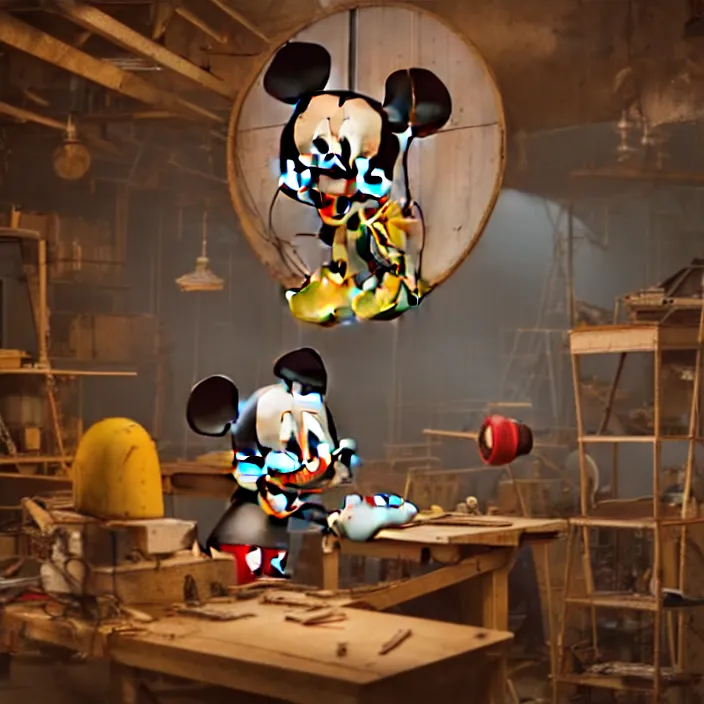 Image similar to crew of workers building giant mickey mouse head in quaint workshop, octane render, 4 k ultra hd, hyper - detailed, realistic, seedy lighting, sharp focus, in style of beeple