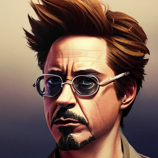 Image similar to robert downey jr, highly detailed vfx portrait, unreal engine, greg rutkowski, loish, rhads, caspar david friedrich, makoto shinkai and lois van baarle, ilya kuvshinov, rossdraws, elegent, tom bagshaw, alphonse mucha, global illumination, detailed and intricate environment.