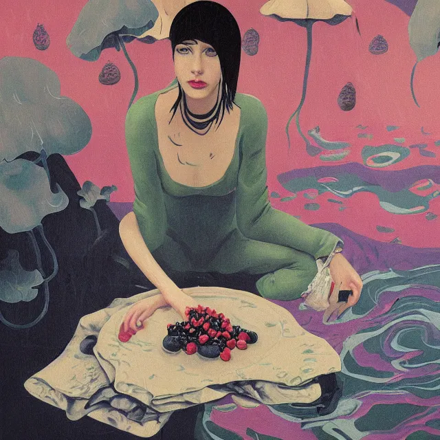 Image similar to tall female emo artist holding berry pancakes in her flooded apartment, pomegranates, octopus, water gushing from ceiling, painting of flood waters inside an artist's apartment, a river flooding indoors, mushrooms, ikebana, zen, rapids, waterfall, black swans, canoe, berries, acrylic on canvas, surrealist, by magritte and monet