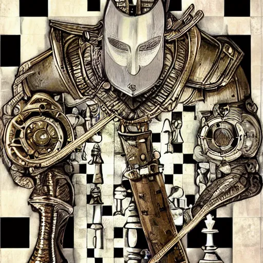 Prompt: medival knight with mowhawk playing chess, steampunk, high detail, digital art, smooth