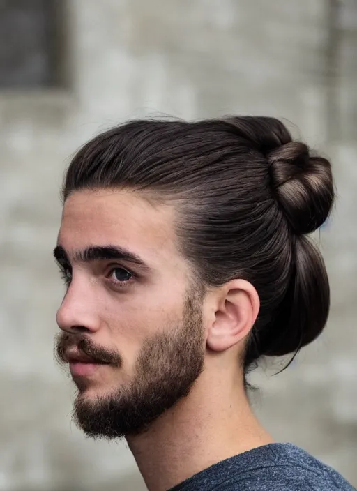 Image similar to a skinny young white male with a dark brown man bun for hair