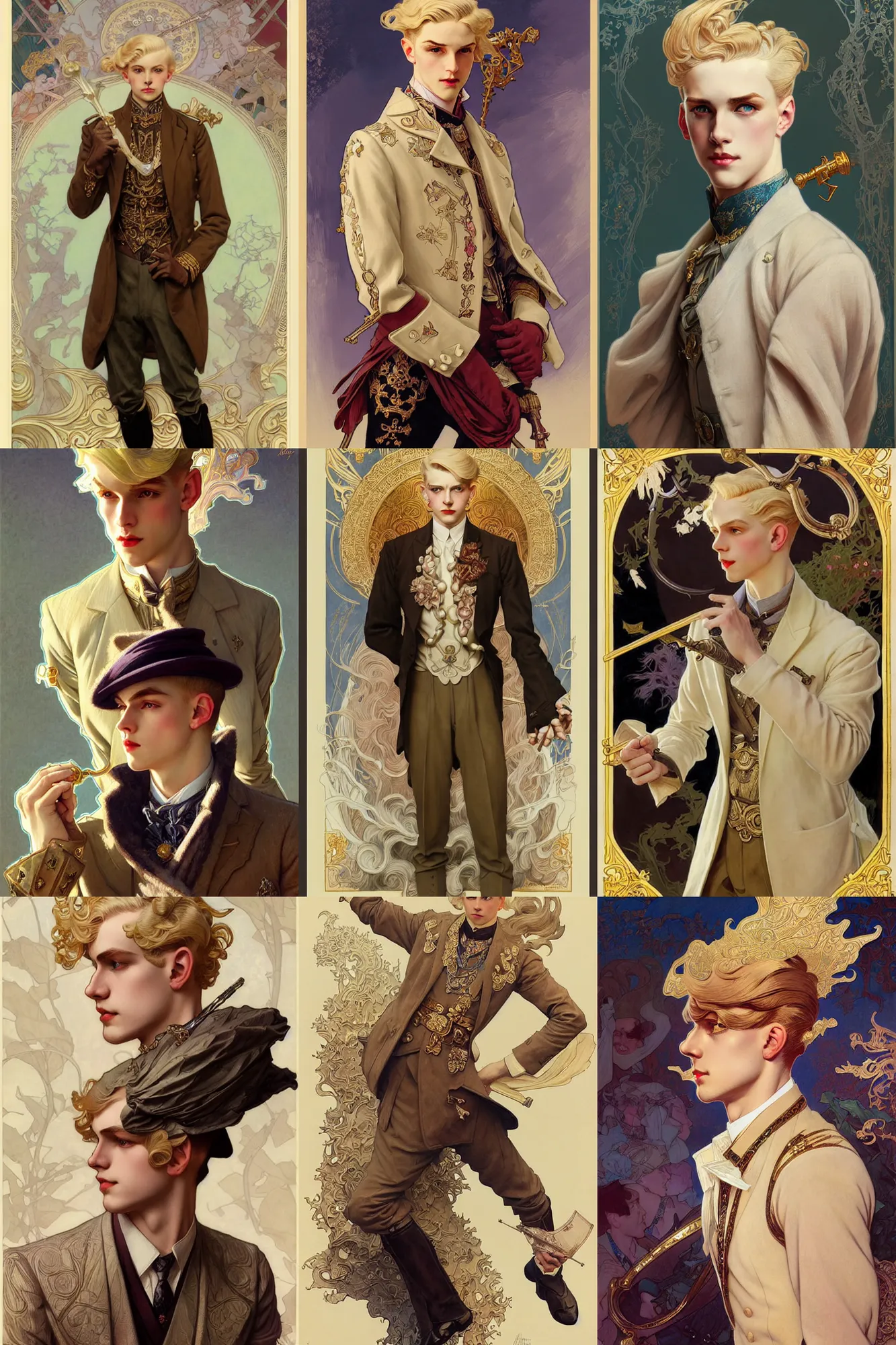 Prompt: young male tsar, blonde hair, 1 9 2 0 s fashion, fantasy, highly detailed, intricate, smooth, art by joseph leyendecker, peter mohrbacher, ruan jia, marc simonetti, ayami kojima, cedric peyravernay, alphonse mucha, victo ngai