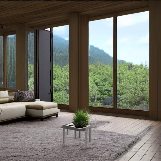 Image similar to a beautiful modern living room with wood floors, large windows with a beautiful view, an area rug, plants, forest, mountains, realistic, hd, 8 k, digital rendering, unreal engine, blender, octane, maya