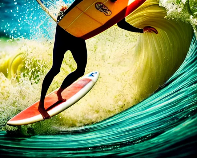 Image similar to close up of a beautiful ginger surfer, surfing on a surfboard in a sea of pasta, art nouveau, fantasy, intricate pasta waves, elegant, highly detailed, sharp focus, action sports photography