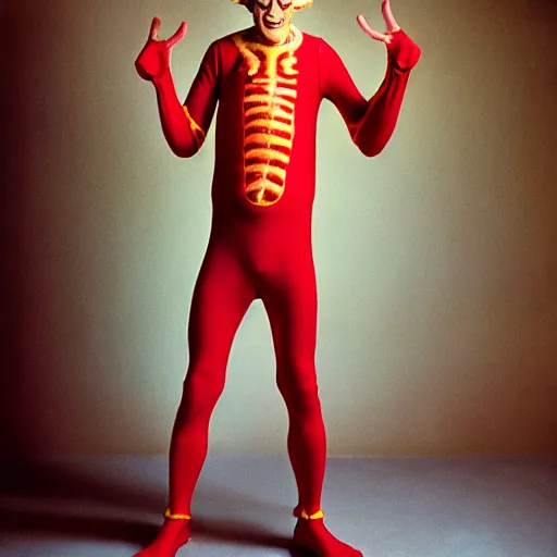 Image similar to uhd photorealisitc candid photo of anthony fauci dressed as slim goodbody. bloody. correct coostume. correct face, accurate face. photo by annie leibowitz and steve mccurry