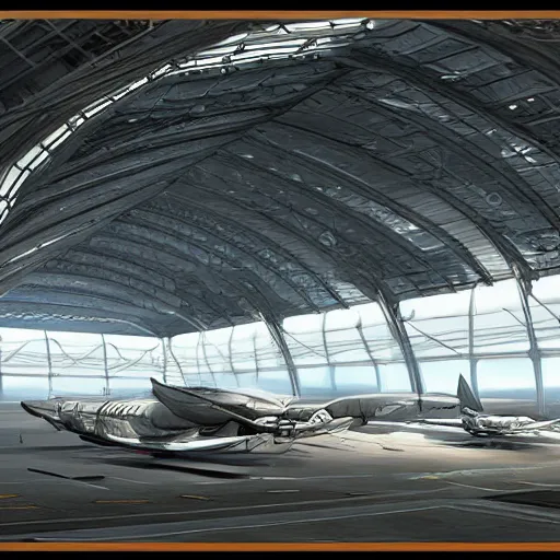 Prompt: highly advanced aircraft hangar from cinematic perspective, by feng zhu, highly detailed, sharp, concept art