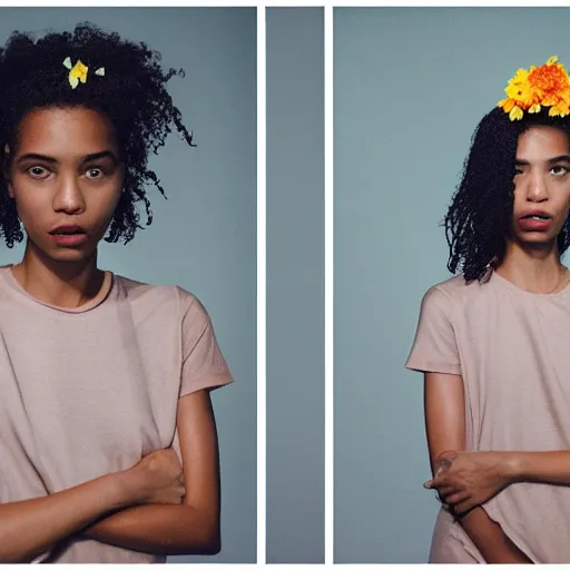 Image similar to realistic! photoshoot for a new nike lookbook, color film photography, portrait of a beautiful woman, woman got a flower in her hair, in style of tyler mitchell, 35mm