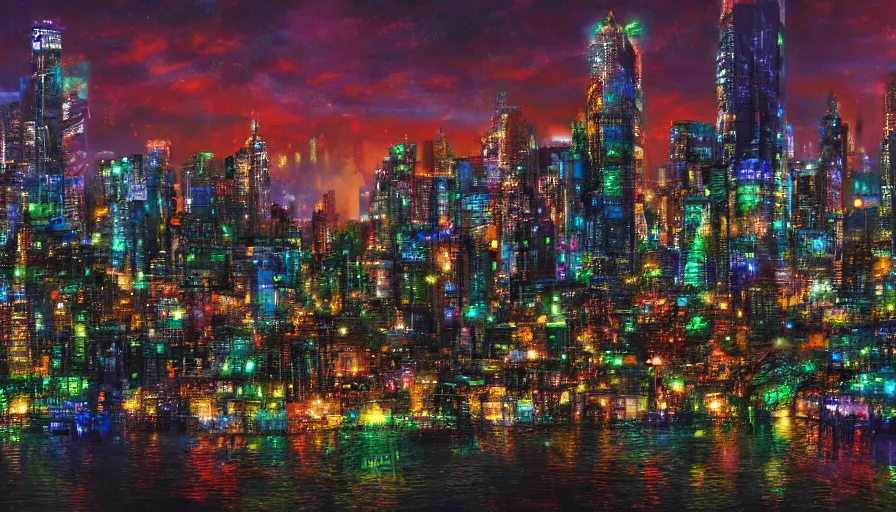 Prompt: a cityscape at night made of sapphires, emeralds, and rubies, matte art, 4k