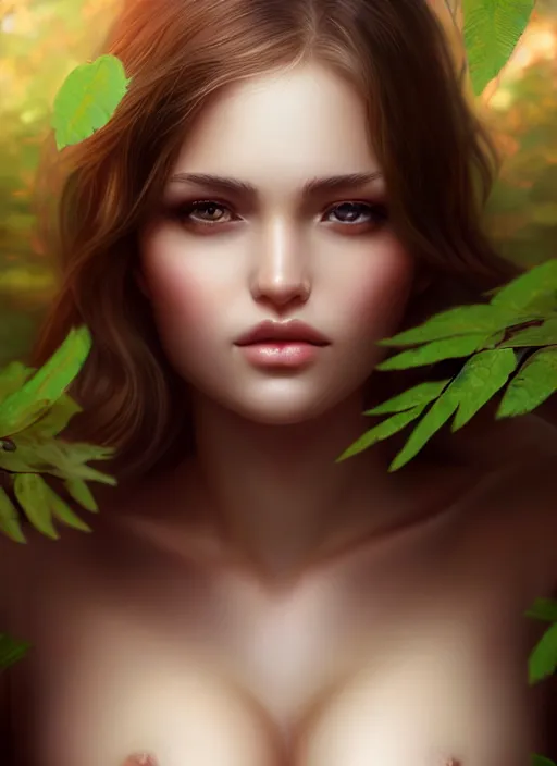 Image similar to a beautiful female photo, professionally retouched, soft lighting, standing in a forest with chest covered with leaves, realistic, smooth face, perfect eyes, wide angle, sharp focus on eyes, 8 k high definition, insanely detailed, intricate, elegant, art by artgerm and wlop