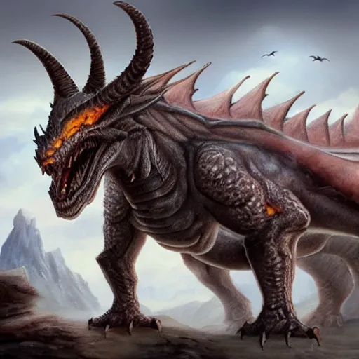 Image similar to a matte painting of a dragon, Piercing amber eyes sit low within the creature's narrow, horned skull, which gives the creature a vicious looking appearance. One enormous central horn sit atop its head, just above its enormous, curved ears. Small fan-like skin and bone structures runs down the sides of each of its jaw lines. Its nose is pointy and has two short, curved nostrils and there are small crystal growths on its chin. Several rows of large teeth poke out from the side of its mouth and give a preview of the terror hiding inside.