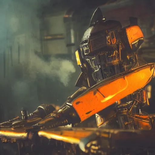 Image similar to closeup of mecha with surface of knives and forks, dark messy smoke - filled cluttered workshop, dark, dramatic lighting, orange tint, cinematic, highly detailed, sci - fi, futuristic, movie still from blade runner