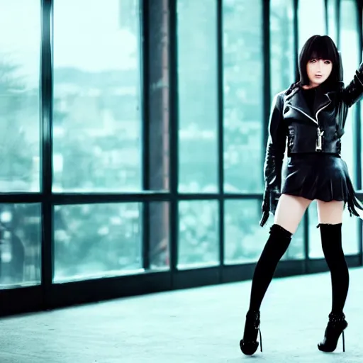 Image similar to a dynamic, epic cinematic 8K HD movie shot of a japanese beautiful cute young J-Pop idol actress yakuza rock star girl wearing leather jacket, miniskirt, nylon tights, high heels boots, gloves and jewelry. Motion, VFX, Inspirational arthouse, at Behance, with Instagram filters