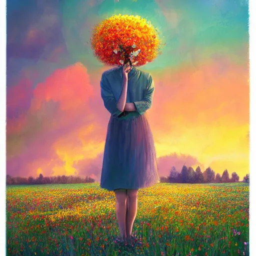 Image similar to girl with a singular flower for a head, surreal photography, dream, standing in flower field, magical, in a valley, sunrise dramatic light, impressionist painting, colorful clouds, artstation, simon stalenhag, flower face