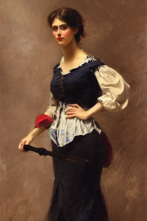 Image similar to Louis Marie De Schryver and Solomon Joseph Solomon and Richard Schmid and Jeremy Lipking victorian genre painting full length portrait painting of a young beautiful woman traditional german french barmaid in fantasy costume, red background