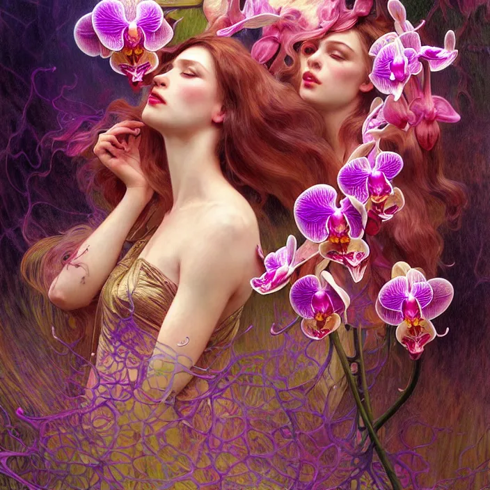 Prompt: psychedelic orchid rain, diffuse lighting, fantasy, intricate, elegant, highly detailed, lifelike, photorealistic, digital painting, artstation, illustration, concept art, smooth, sharp focus, art by John Collier and Albert Aublet and Krenz Cushart and Artem Demura and Alphonse Mucha