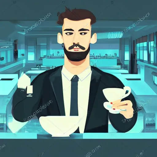 Prompt: handsome startup CEO having a cup of coffee. sci-fi cyberpunk concept art