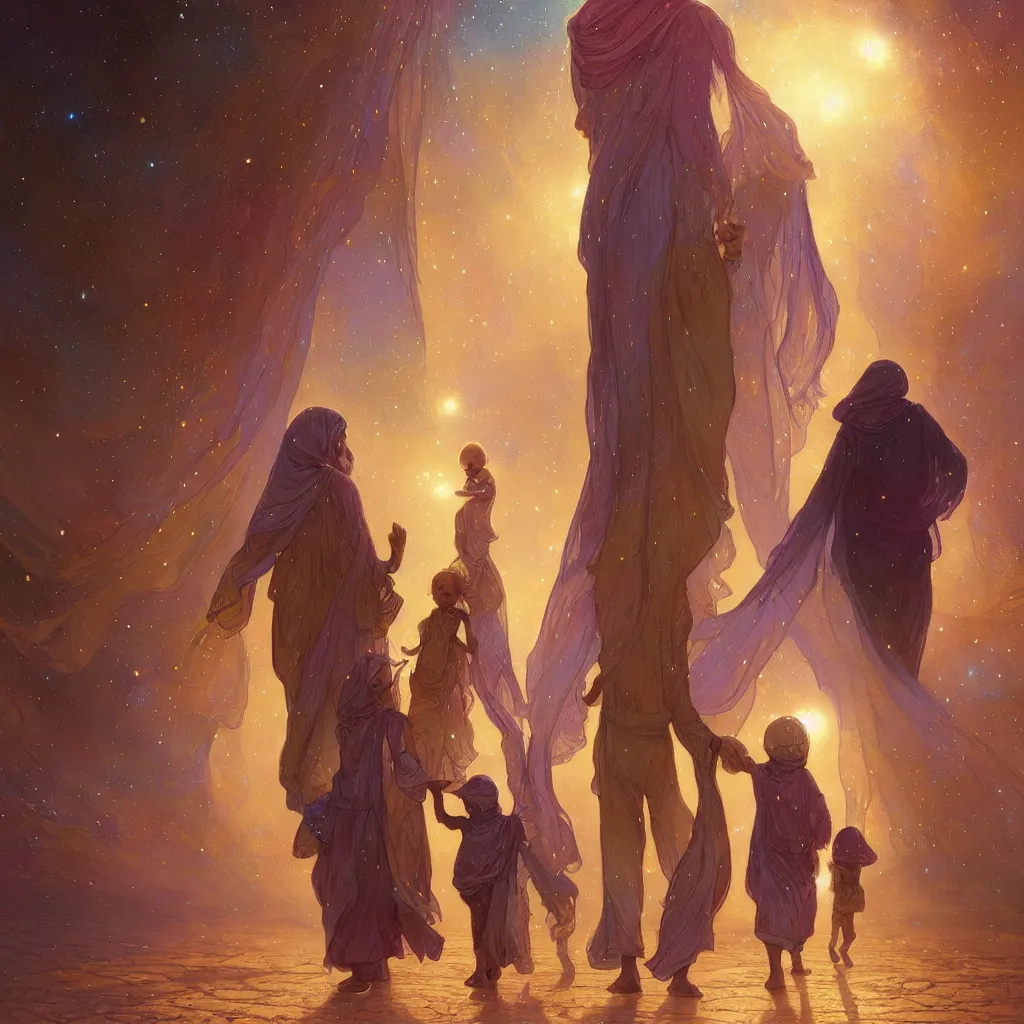 Image similar to bedouin man and woman and child in galaxy walking towards mosque surrounded by nebula, highly detailed, gold filigree, romantic storybook fantasy, soft cinematic lighting, award, disney concept art watercolor illustration by mandy jurgens and alphonse mucha and alena aenami, pastel color palette, featured on artstation