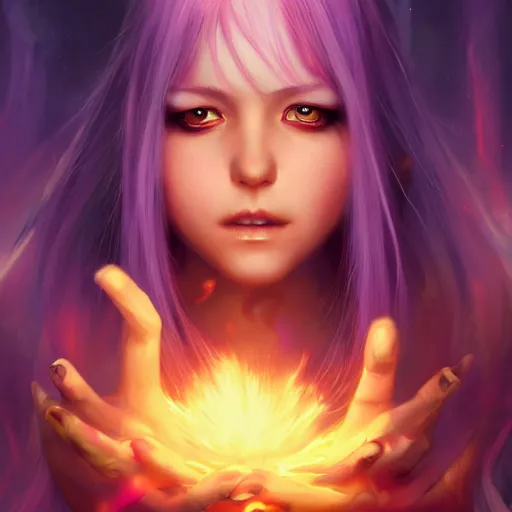 Image similar to rimuru tempest from tensura holding purple fire in her palm, with amber eyes of golden colored eyes, straight hair, sky blue hair, long bangs, concept art, award winning photography, digital painting, cinematic, wlop, 8 k, by ross tran, tom bagshaw