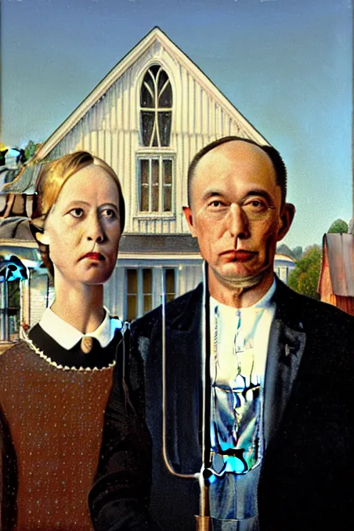 Image similar to Elon Musk with Dmitry Rogozin in style of a painting American Gothic by Grant Wood,