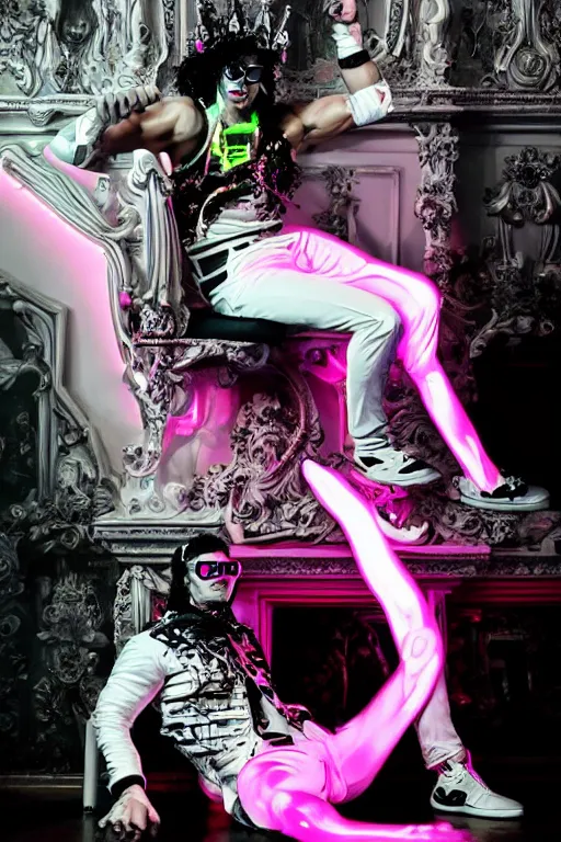 Image similar to full-body rococo and cyberpunk style neon statue of a muscular attractive Camilo wearing cholo shades macho dotado e rico android sim roupa reclining con las piernas abertas e la piroca dura, ethereal white dripping tar, glowing white lasers, pink tigers, glowing eyes, silver prince crown, black gears, pink diamonds, swirling mint-colored silk fabric. futuristic elements. full-length view. human skulls. large intricate artwork by caravaggio. Trending on artstation, octane render, cinematic lighting from the right, hyper realism, octane render, 8k, depth of field, 3D