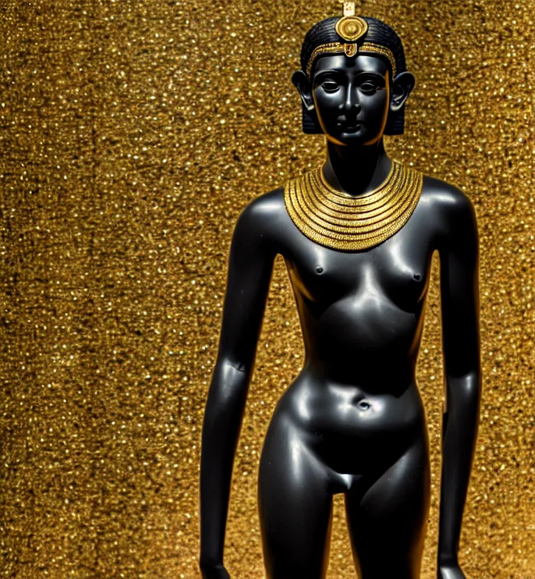 Image similar to a photo at the museum showing a black marble and gold full body sculpture of cleopatra. good quality, good light, anatomically correct, 8 k