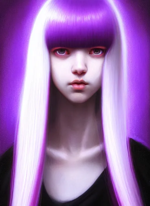 Image similar to hair whitebangs hair, black hair, whitebangs, portrait of teenage girl with white bangs, red irises, purple clothes, white bangs, bangs are different color from hair, intricate, elegant, glowing lights, highly detailed, digital painting, artstation, concept art, smooth, sharp focus, illustration, art by wlop, mars ravelo and greg rutkowski