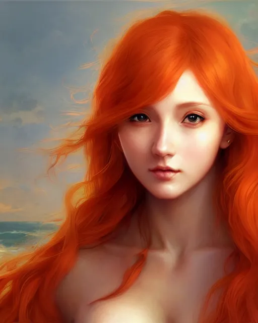 Image similar to nami, long orange hair, brown eyes, digital art from artstation by artgerm and william - adolphe bouguereau