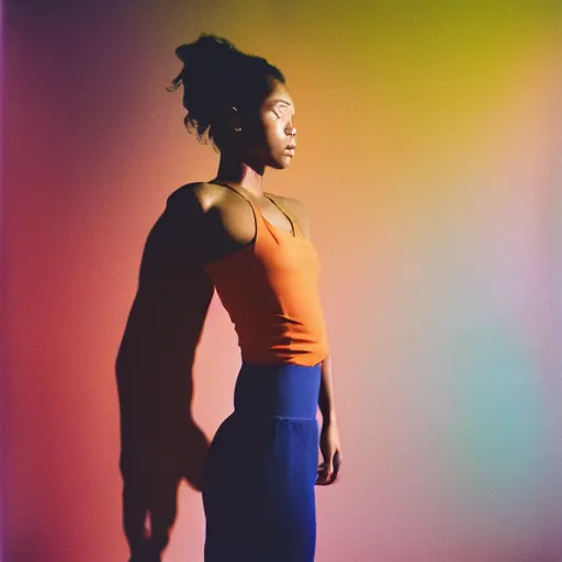 Prompt: realistic photoshoot for a new nike lookbook, color film photography, portrait of a beautiful woman in style of tyler Mitchell, 35mm, long exposure, graflex