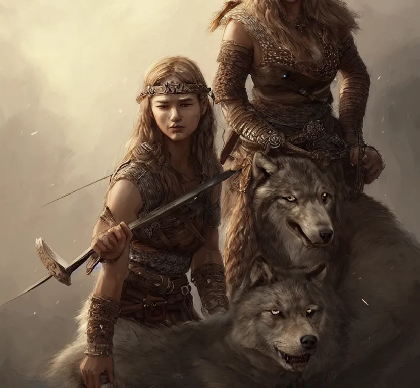 Prompt: a gorgeous!! woman resembling alicia vikander as a battle - worn viking warrior accompanied by a dire wolf | drawn by wlop, drawn by jeehyung lee, drawn by argerm | intricate, highly detailed, ultra graphics, digital painting, artstation