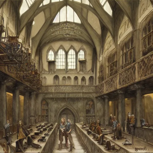 Image similar to howarts great hall, a detailed matte painting by anton pieck, deviantart contest winner, fantasy art, concept art, official art, matte drawing