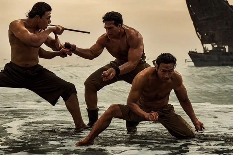 Prompt: film still of the best fight scene from the new pacific movie, set in dubai