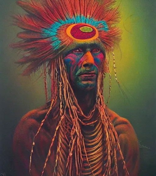 Image similar to Portrait painting in a style of Beksinski mixed with Alex Grey of an old shaman dressed in a colorful traditional clothes.