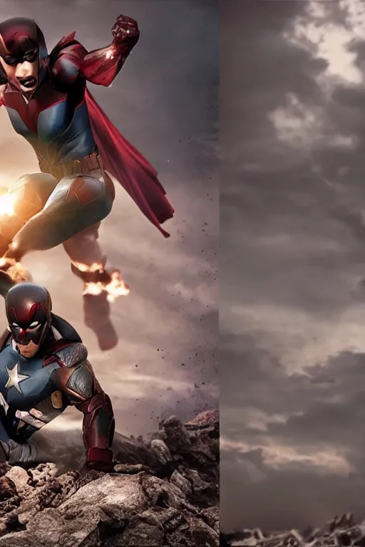 Prompt: VFX movie still frame portrait beautiful DC vs. Marvel hero natural skin, hero pose, war zone by Emmanuel Lubezki