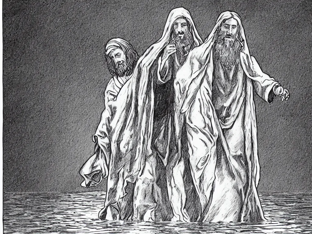 Image similar to jesus walking on water, drawing by alan moore,