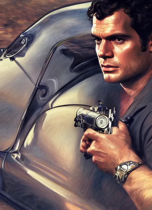 Image similar to portrait of henry cavill as james bond, key art, palm trees, vintage aston martin, highly detailed, digital painting, artstation, concept art, cinematic lighting, sharp focus, illustration, by gaston bussiere alphonse mucha