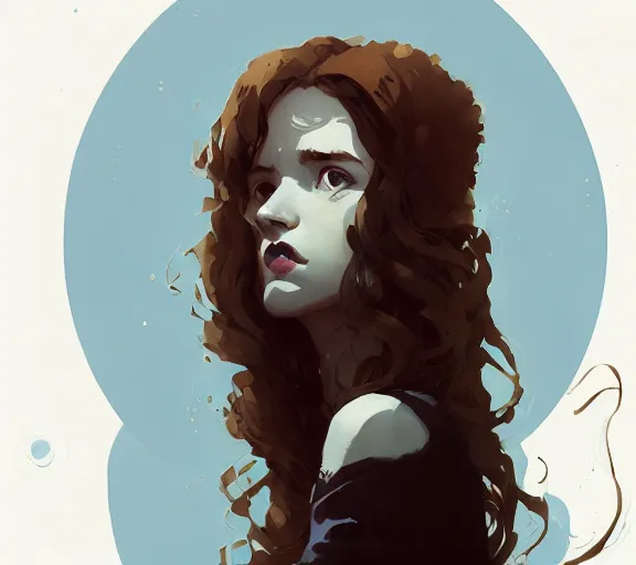 Image similar to portrait woman with long ginger curly hair, dress with runes, by atey ghailan, by greg rutkowski, by greg tocchini, by james gilleard, by joe fenton, by kaethe butcher, by ashley wood, dynamic lighting, gradient light blue, brown, blonde cream and white color scheme, grunge aesthetic