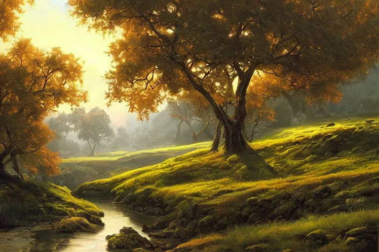 Image similar to masterpiece painting of oak trees on a hillside overlooking a creek, dramatic lighting, by tyler edlin