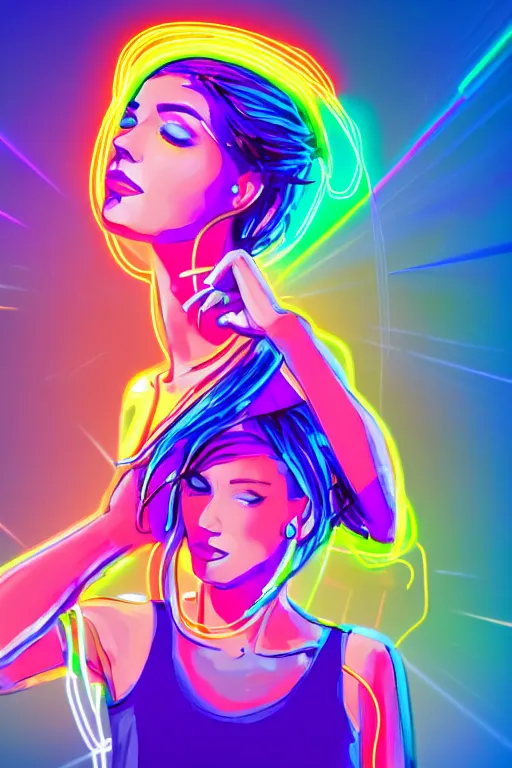 Image similar to a award winning half body portrait of a beautiful woman with stunning eyes in a croptop and cargo pants with rainbow colored ombre hairstyle head in motion and hair flying by thomas danthony, outlined by whirling illuminated neon lines, microphone, outrun, vaporware, shaded flat illustration, digital art, trending on artstation, highly detailed, fine detail, intricate