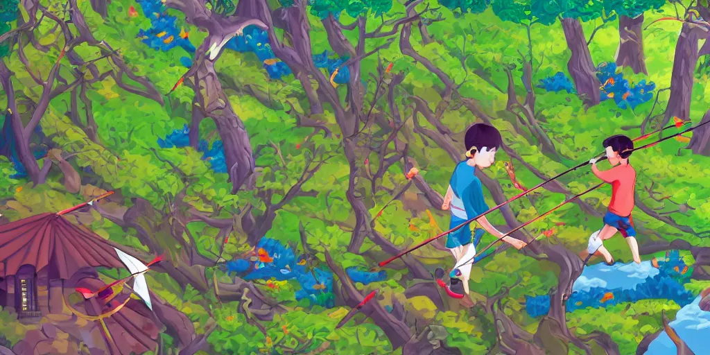 Prompt: a young boy practicing archery in the backyard of a castle, digital art, vivid colors, flat colors, cinematic, wide angle, made by chiho aoshima, trending on artstation, detailed