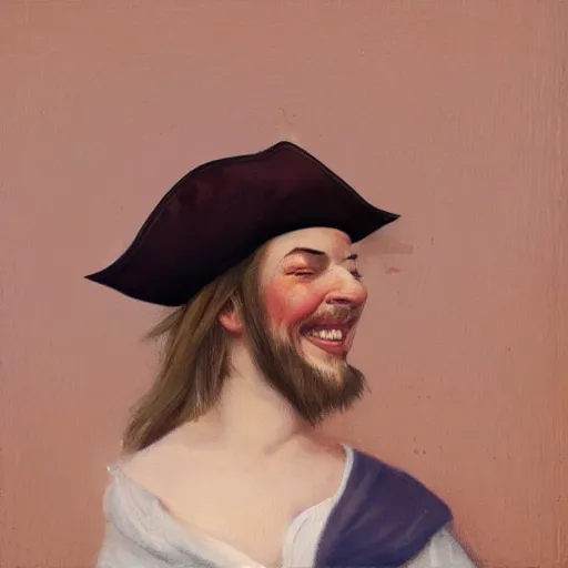 Prompt: a happy smiling loving pirate captain gazing into the horizon in the style of mary jane ansell.