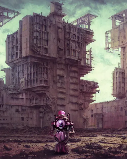 Prompt: hyperrealistic 3d render high quality baroque mecha!! iridescent pink brutalist city ruins background concept art vray! santiago caruso de chirico sharp cinematic light 8k low angle shallow depth of field