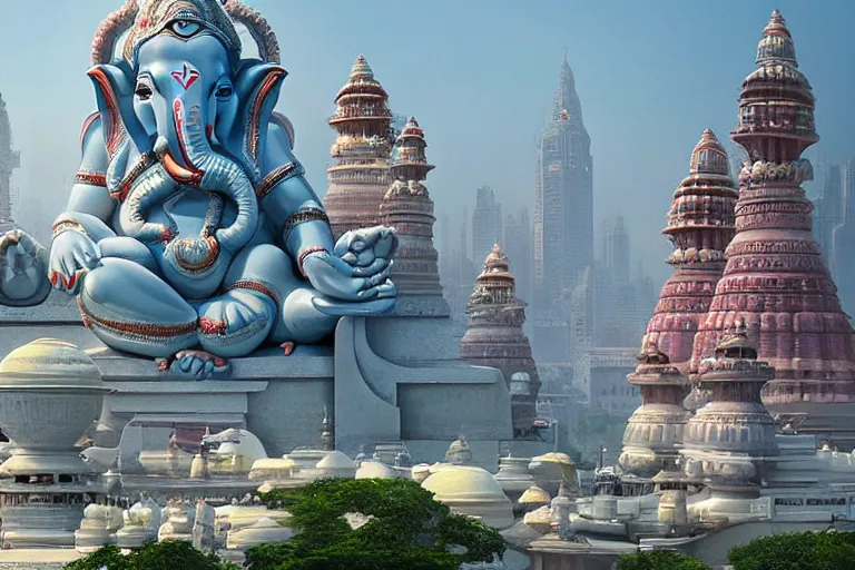 Prompt: beautiful futuristic new delhi, sharp sci - fi ganesha!! building, kalighat flowers, highly detailed cinematic, stephen shore & john j. park, soft morning light, wide shot, high angle, uhd 8 k, rack focus