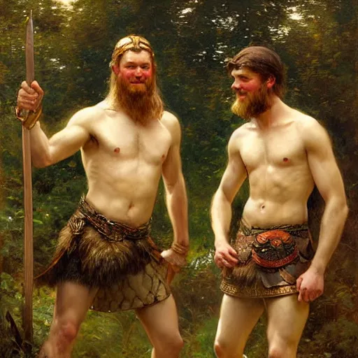 Image similar to 2 attractive male vikings frolicking in the forest. highly detailed painting by gaston bussiere, craig mullins, j. c. leyendecker, 8 k