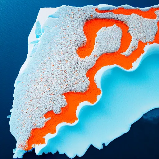 Prompt: top down view of map of iceland made out of ice, highly detailed, surrounded by ocean made out of hot orange lava, realistic