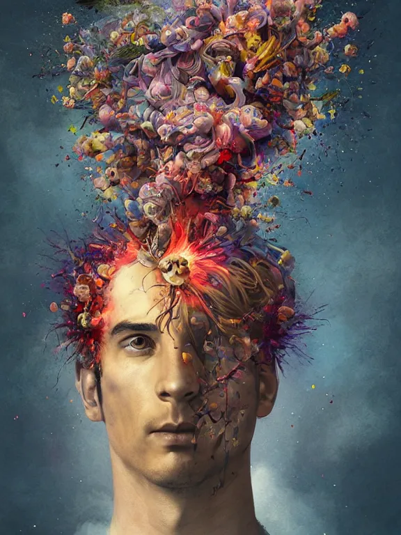 Prompt: art portrait of man with flower exploding out of head,by tristan eaton,Stanley Artgermm,Tom Bagshaw,Greg Rutkowski,Carne Griffiths,trending on DeviantArt,face enhance,chillwave,minimalist,shadows,city,full of colour,