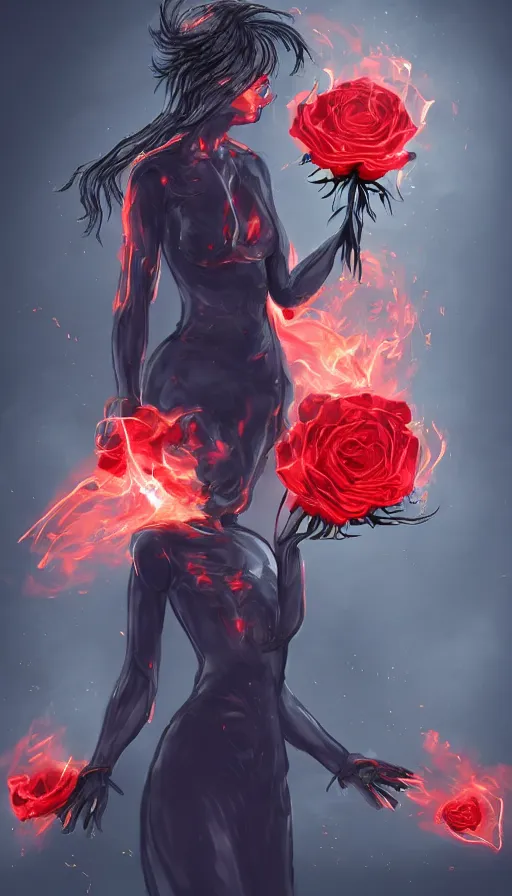 Image similar to Woman made of black flames, wearing a strict business suit, with no face, with glowing red eyes, with a red halo over her head, with red halo glowing out of her wrists, looking off to the side, growing out of a giant rose, rose petals flying in the wind, war, authoritarian, tense, digital painting, artstation, indieground, madness combat, strong dramatic cinematic lighting , blood red sky, grey skin, smooth, sharp focus, extremely detailed, illustration, concept art, sharp focus, by Annie Swynnerton and Nicholas Roerich, Godmachine, alphonse mucha''