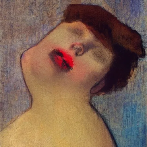 Prompt: girl, in flowers, red lipstick on her face, looks ember heard , Edgar Degas style