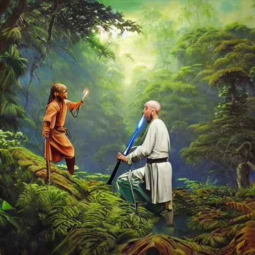 Image similar to stunning oil painting of a jedi master mentoring a jedi padawan on a lush jungle planet